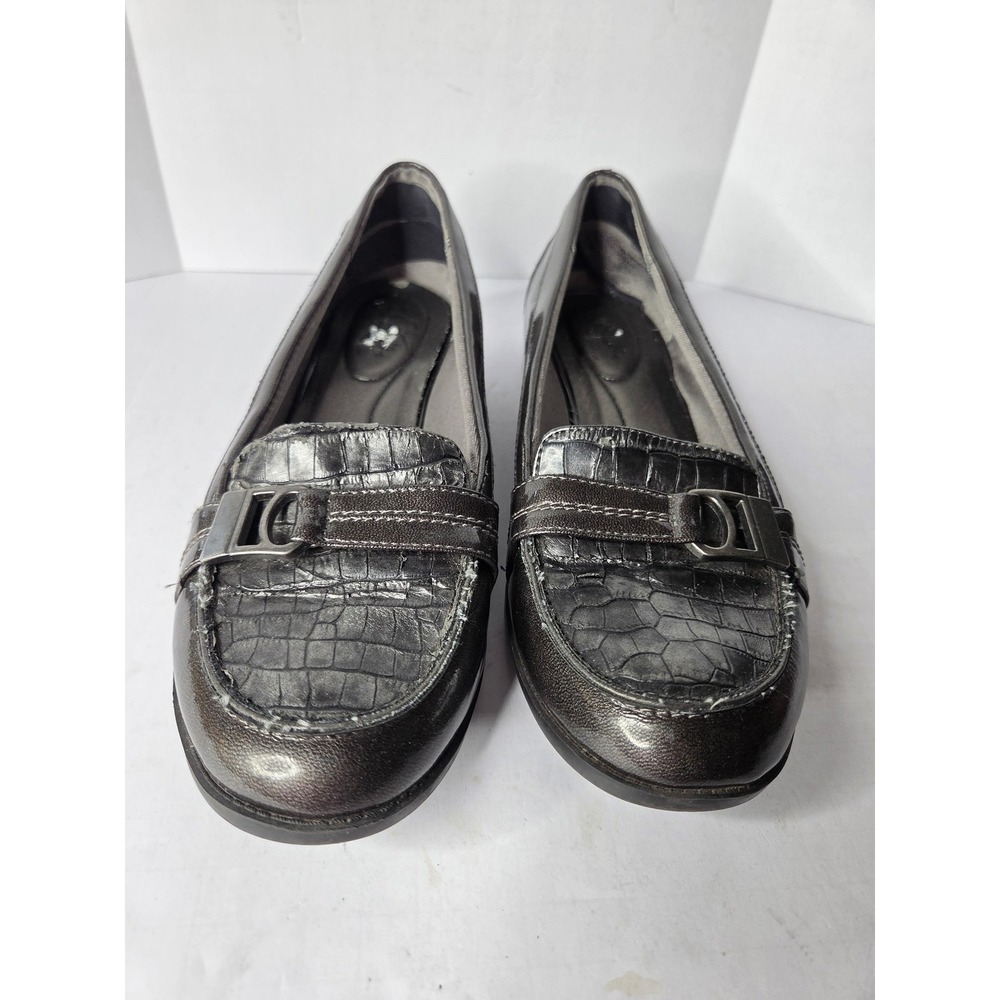 LifeStride Soft System Pewter Metallic Croc Embossed Buckle Loafers Shoes 9.5M